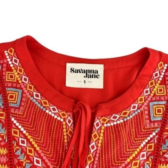 Savanna Jane Embroidered Red Short Sleeve Blouse with Tassel Ties - Picture 3 of 7